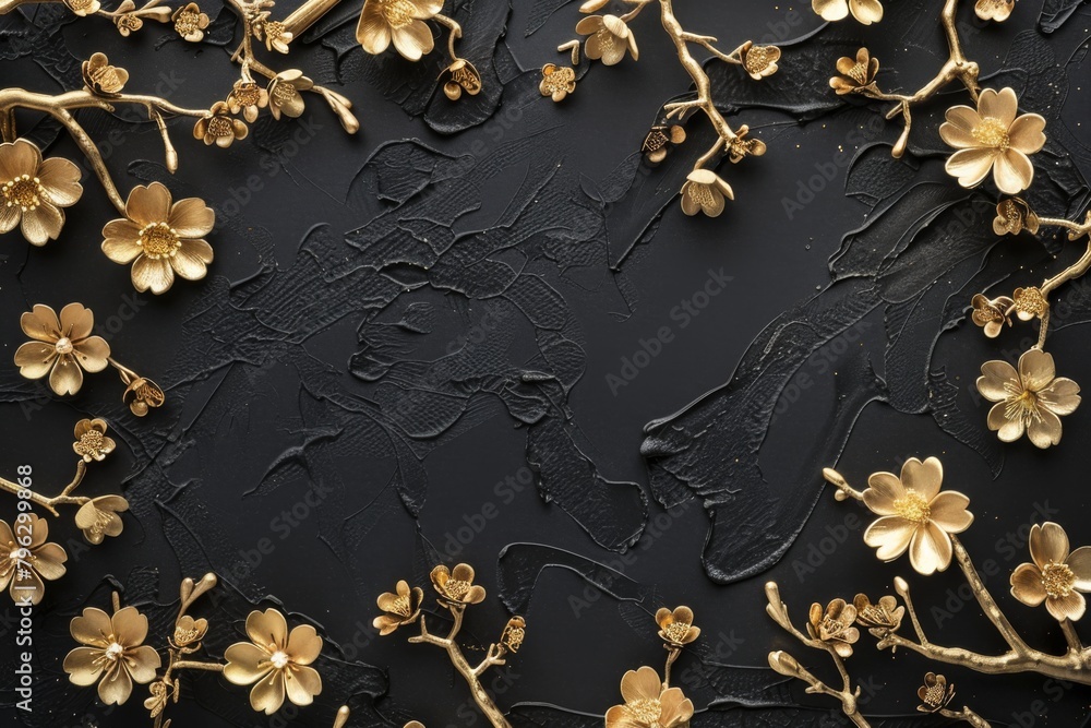 Japanese style background with golden flowers on black paper
