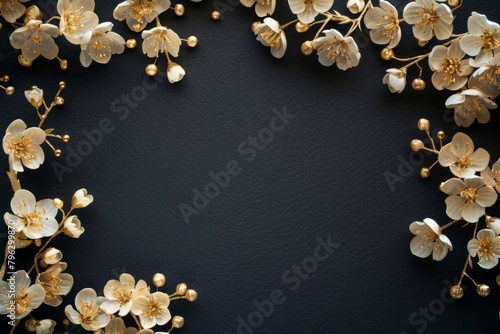 Japanese style background with golden flowers on black paper