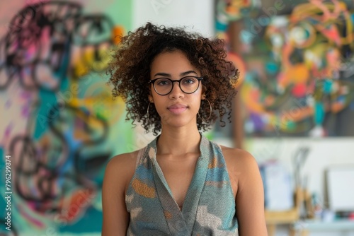 A young curly-haired woman with glasses appears confident as she stands before vibrant artwork in an art studio