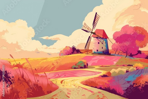 A picturesque painting of a windmill on a hill. Perfect for wall art or home decor photo