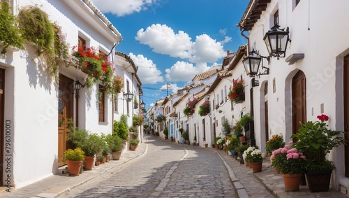 A narrow street with whitewashed buildings on both sides and colorful flowers hanging from the windows and doorways. The sky is blue with some fluffy white clouds.