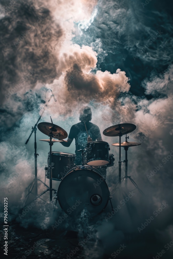 A man playing drums surrounded by smoke. Suitable for music or performance concepts