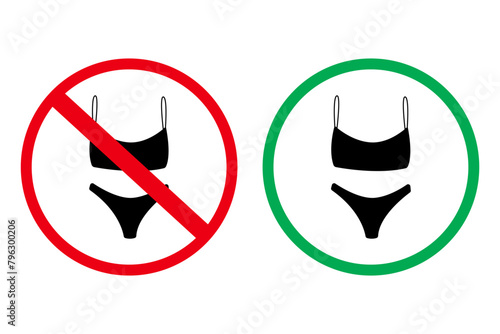 Signs, prohibiting and allowing you to wear a swimsuit. Red and green warning signs. Dress code, beach rules.