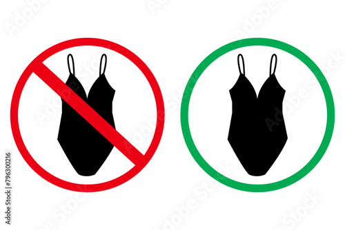 Signs, prohibiting and allowing you to wear a swimsuit. Red and green warning signs. Dress code, beach rules.