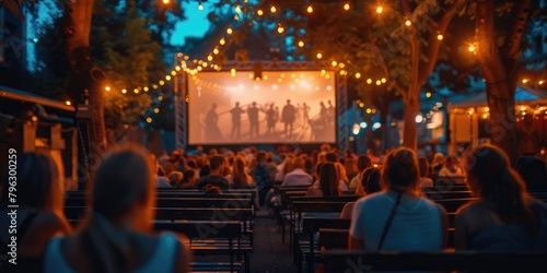 blank white screen outdoors in green grass park. outdoor cinema, big screen show. ai generated
