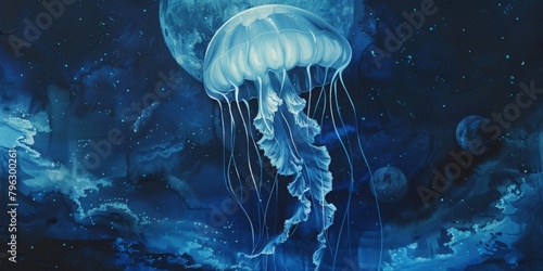 Jellyfish is an animal that has neither a brain nor a heart. The upper body of the jellyfish looks like an umbrella called "Medusa". Watercolor painting. Use for wallpaper, posters, postcards.