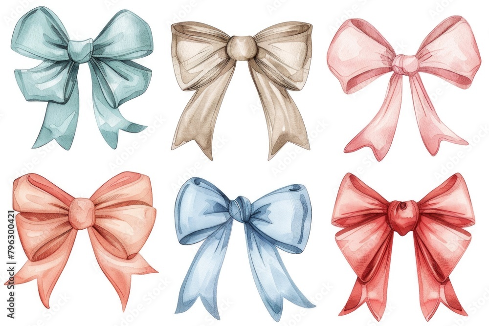 Four different colored bows on a white background. Perfect for gift wrapping or crafting projects