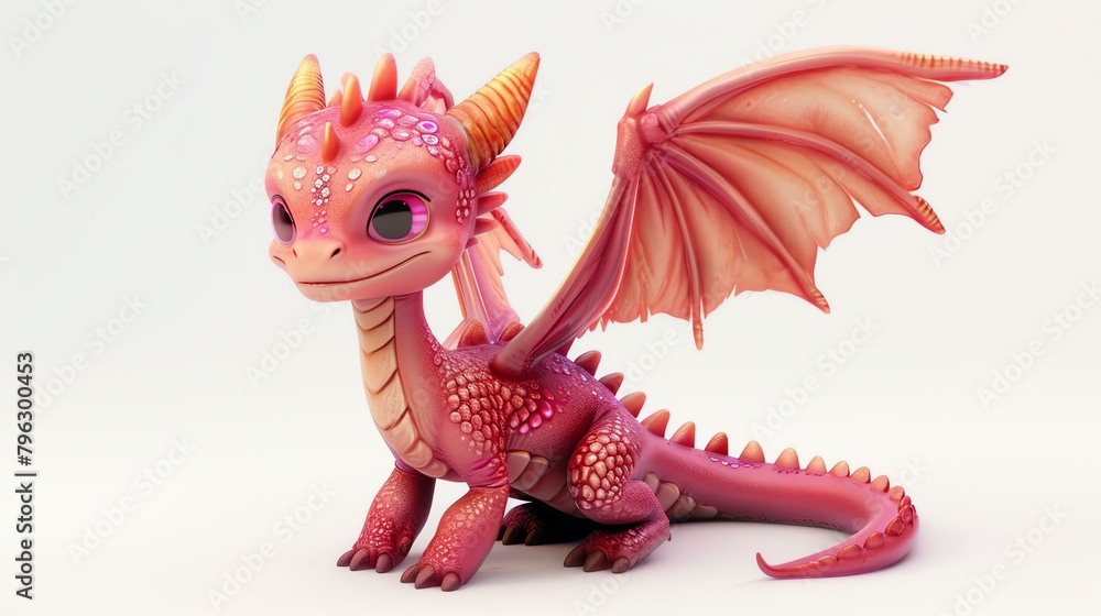 Cute pink baby dragon sitting on a white background. The dragon has big eyes, a small nose, and a long tail. Its wings are folded against its body.