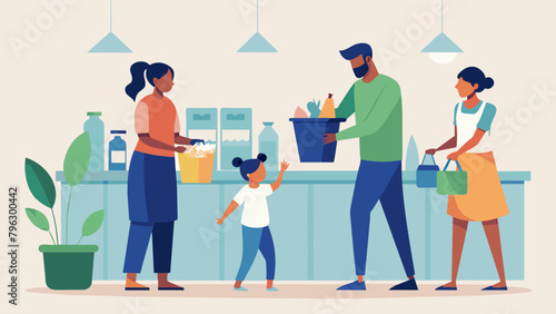 A cartoon illustration of a family at the grocery store with the parents teaching their children to choose products with minimal packaging and