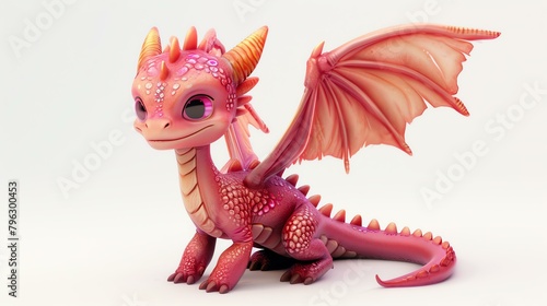 Cute pink baby dragon sitting on a white background. The dragon has big eyes  a small nose  and a long tail. Its wings are folded against its body.