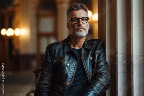 A pensive mature man in a leather jacket posing in an elegant setting