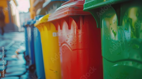 Colorful trash cans lined up on a city sidewalk. Suitable for urban themes and waste management concepts