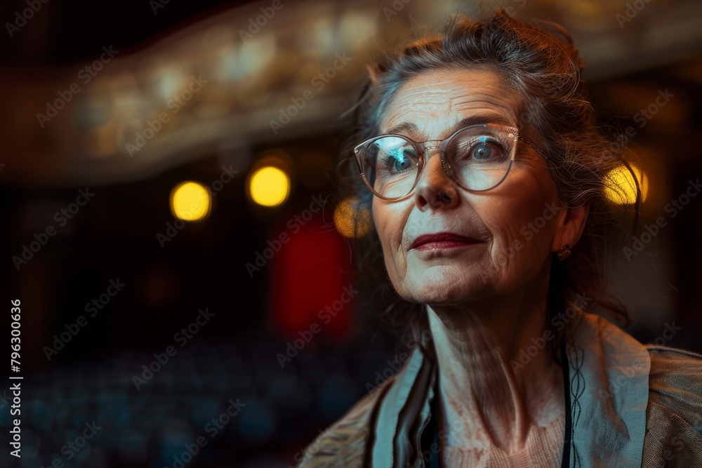 A senior woman's face lights up with curiosity, captured under the dramatic light of a classic theater setting