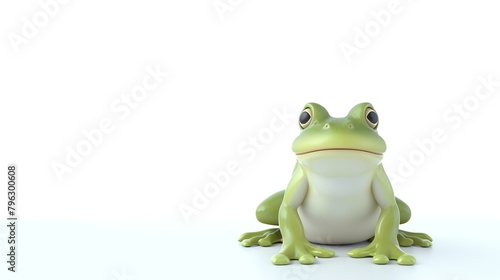 A cute green frog is sitting on a white background. The frog has big eyes and a friendly smile. It is looking at the camera.