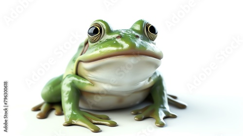 A cute green frog is sitting on a white background. The frog has big, round eyes and a wide smile. It is looking at the camera.