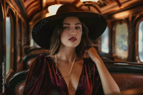 This image features an elegant lady in a vintage tram setting, emphasizing her style and the luxurious atmosphere