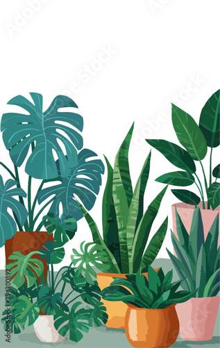 A vector drawing of several potted plants with a white background. The plants are of various sizes and colors, including green and orange. The drawing conveys a sense of warmth and natural beauty. photo