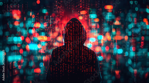 Abstract  code and night with hacker person reading programming language for phishing. Cybersecurity  information technology and ransomware with cloud computing silhouette in matrix for innovation