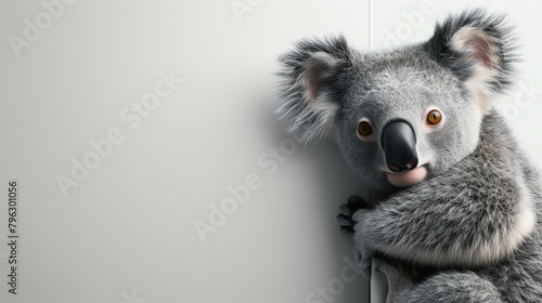 A cute and cuddly koala is peeking around a corner. The koala has big, round eyes and a fluffy gray coat.