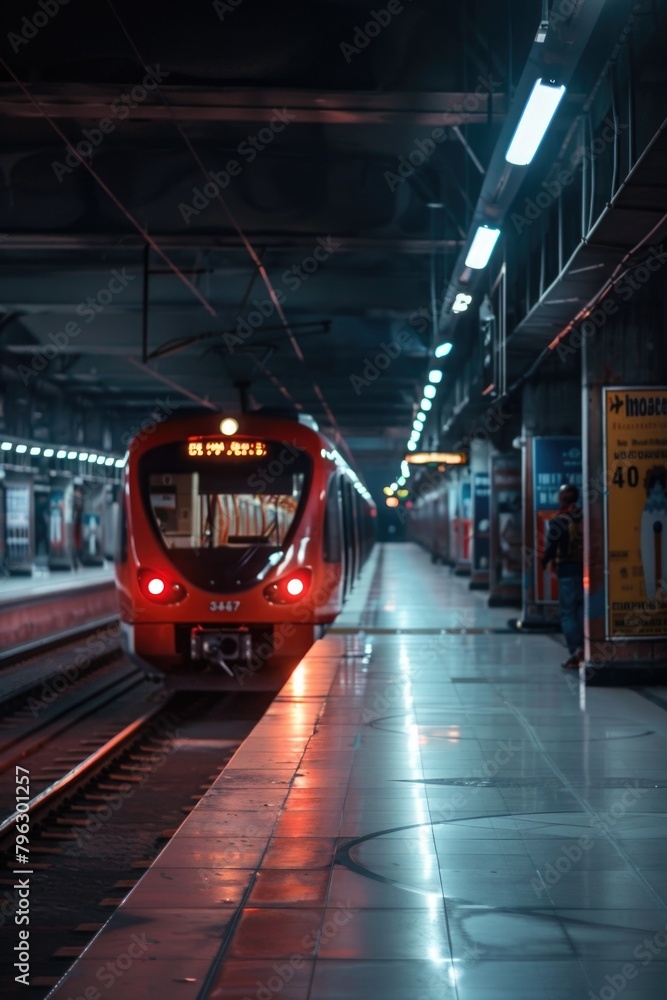 A red train pulling into a train station. Perfect for transportation themes