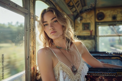A pensive blonde woman gazes out of a classic bus window, the warm light caressing her face