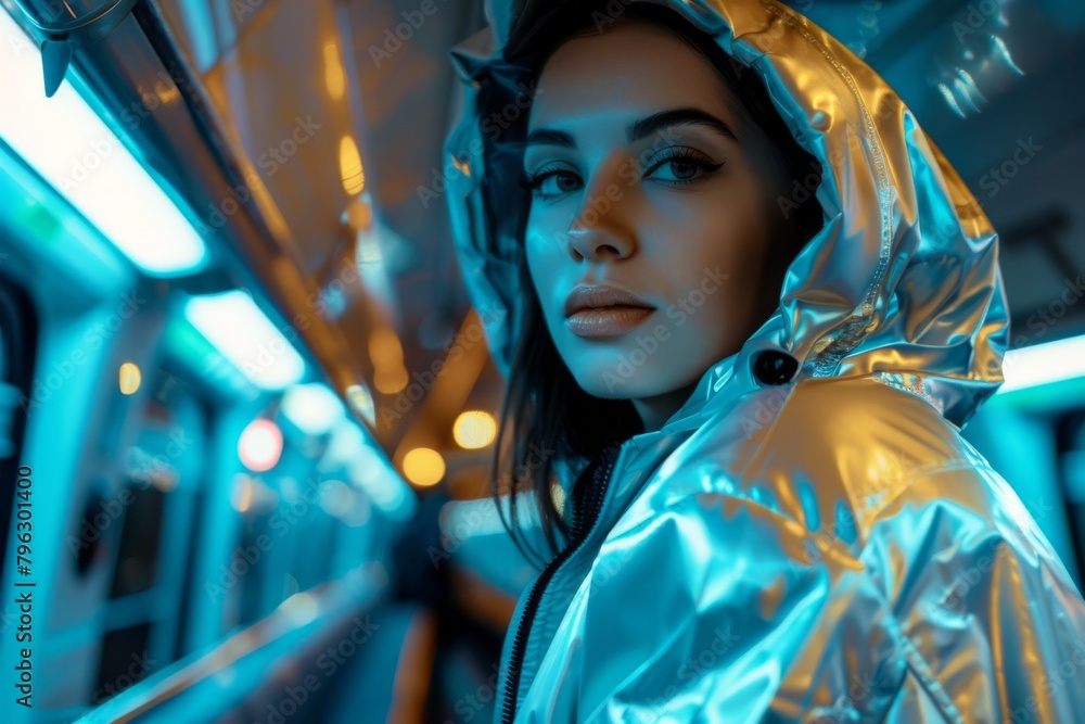 A young woman with a contemplative look while standing in a subway car enveloped in neon lighting A young woman with a contemplative look while standing in a subway car enveloped in neon lighting