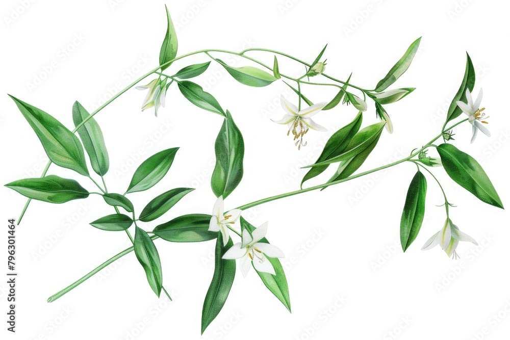 Fototapeta premium A plant featuring white flowers and lush green leaves. Perfect for botanical illustrations or nature-themed designs