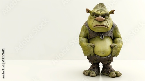 3D rendering of a green ogre with brown hair and a brown loincloth. The ogre is standing with his hands on his hips and has a scowl on his face. photo
