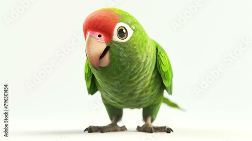 A cute green parrot with red head looking at the camera with a curious expression. It has bright yellow eyes and a yellow beak.