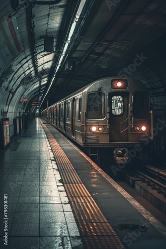 A subway train pulling into a train station. Perfect for transportation concept