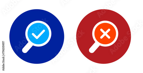 round magnifying glass icon with blue check mark and red cross mark symbol inspection sign examination png certificate vector verified analyze svg