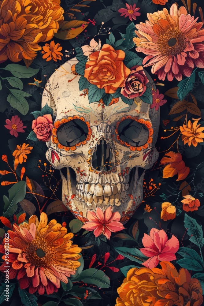 A painting of a skull surrounded by colorful flowers. Suitable for Halloween or Day of the Dead themes