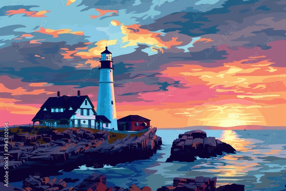 A painting of a lighthouse on a rocky shore. Suitable for maritime themes