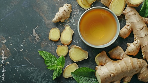 Ginger tea and fresh ginger. © Sawitree88