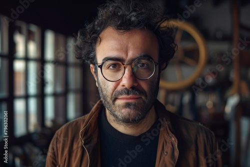 Middle-aged man with round spectacles exhibits a contemplative expression in a cozy setting photo