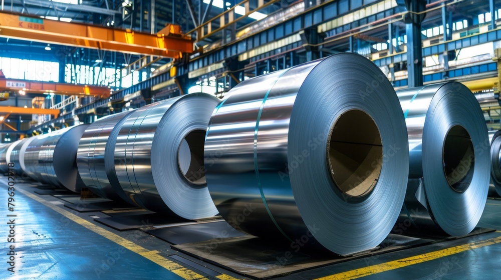 Rolls of galvanized steel sheet inside a factory or warehouse Rolls of galvanized steel sheet inside a factory or warehouse