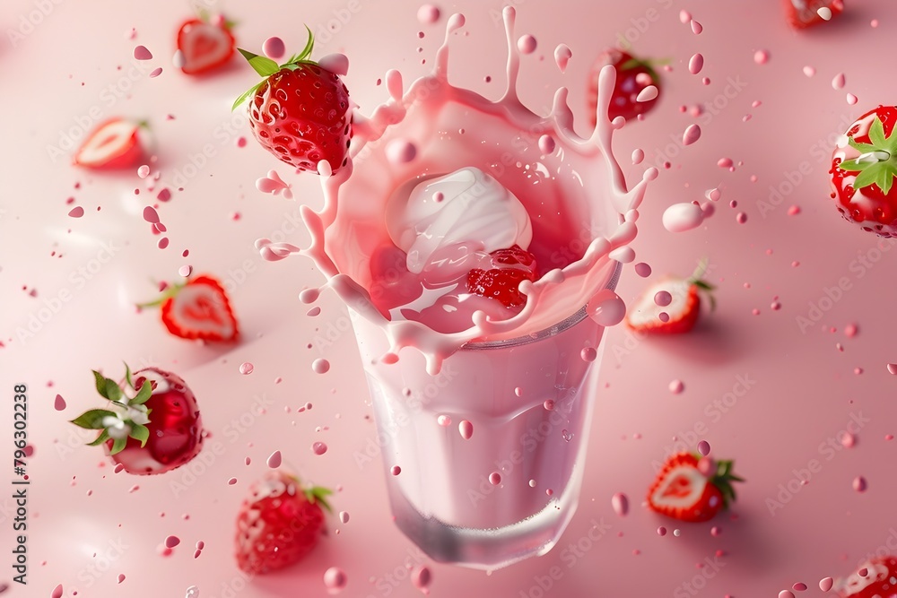 Vibrant Strawberry Milkshake Splashing into Glass with Surrounding Berries Vibrant Strawberry Milkshake Splashing into Glass with Surrounding Berries