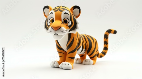 Cute and adorable 3D cartoon tiger. This friendly looking tiger is standing on all four paws and has a happy expression on its face.