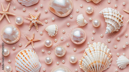 beautiful background of pearls and shells, light pink and beige aesthetic, flat lay,