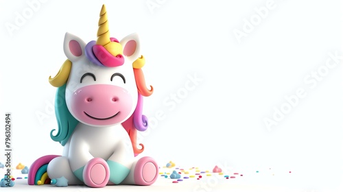 3D rendering of a cute and colorful unicorn. The unicorn is sitting on a white background and is surrounded by colorful sprinkles.