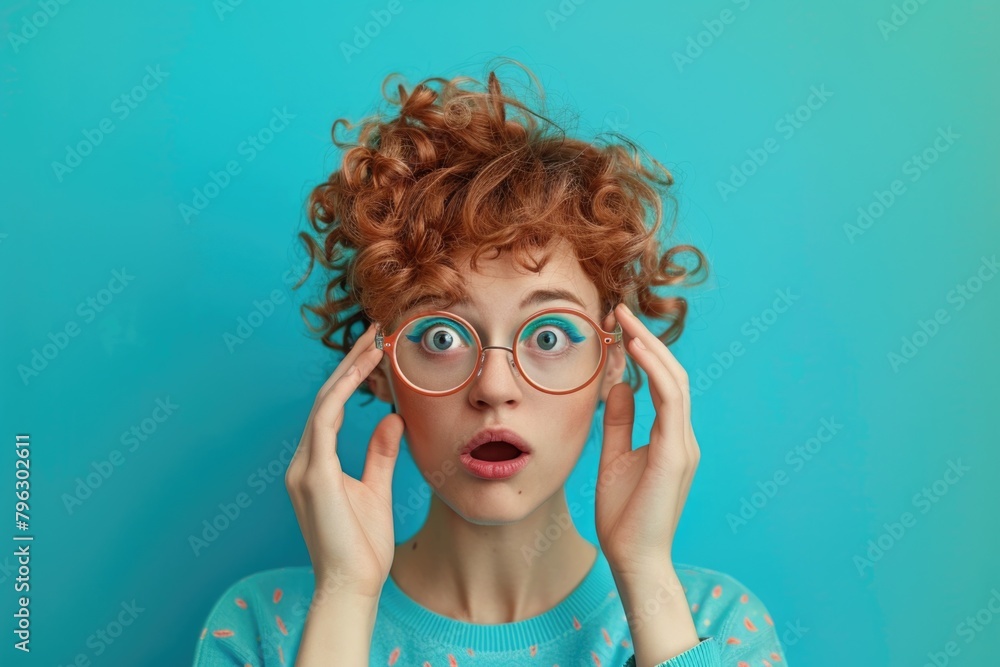 A woman with red curly hair and glasses looking surprised. Suitable for various concepts and designs A woman with red curly hair and glasses looking surprised. Suitable for various concepts and designs
