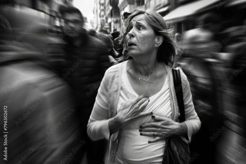 Dynamic monochrome capture of an elderly woman looking shocked and overwhelmed in a bustling crowd Dynamic monochrome capture of an elderly woman looking shocked and overwhelmed in a bustling crowd