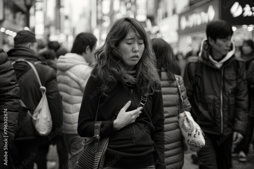 A young woman exhibits a concerned expression amid a city crowd in a monochromatic scene