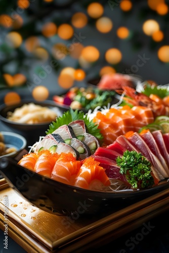 Delectable Sashimi on Elegant Wooden Platter with Blurred Studio Lighting Background