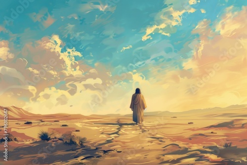 A painting of a person walking in the desert. Suitable for travel websites or outdoor adventure blogs