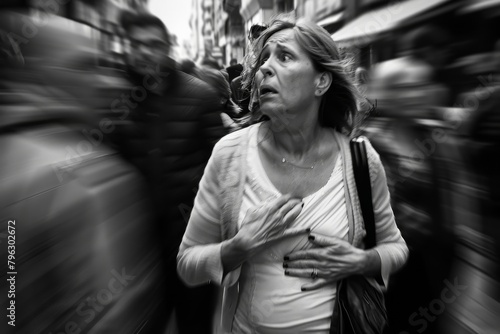 Dynamic monochrome capture of an elderly woman looking shocked and overwhelmed in a bustling crowd