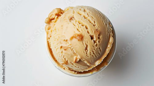 An aerial view showcases a single scoop of salted caramel ice cream, tantalizingly placed against a pristine white studio backdrop. The creamy texture of the ice cream contrasts beautifully  photo