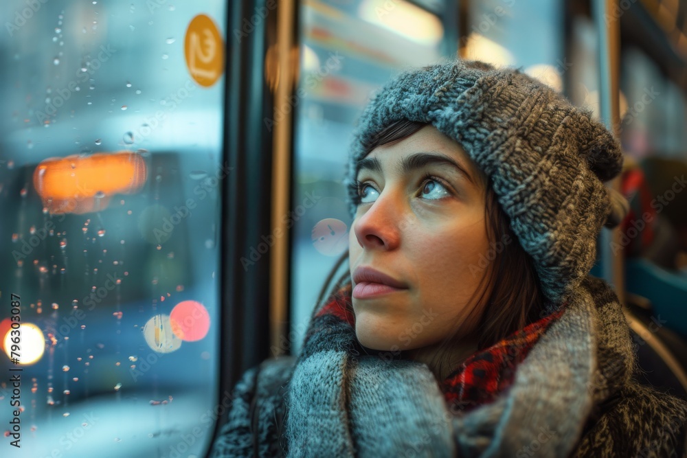 The image features a young lady staring out of a bus window, wrapped in warm clothing and lost in thought The image features a young lady staring out of a bus window, wrapped in warm clothing and lost in thought