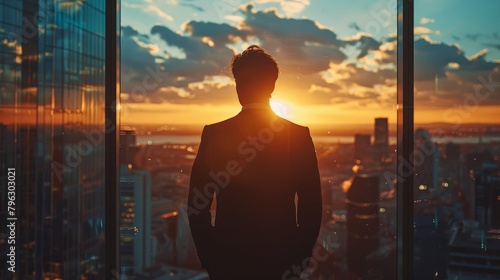 Young entrepreneur standing in a high-rise office, looking confidently out a window with a panoramic city view, wearing a business suit, space for text on the right.