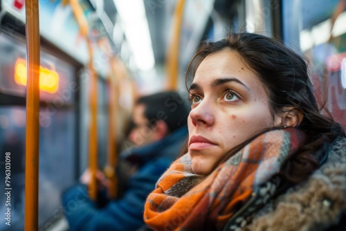 A contemplative woman sits on a bus looking out the window, appearing reflective against the blurred cityscape